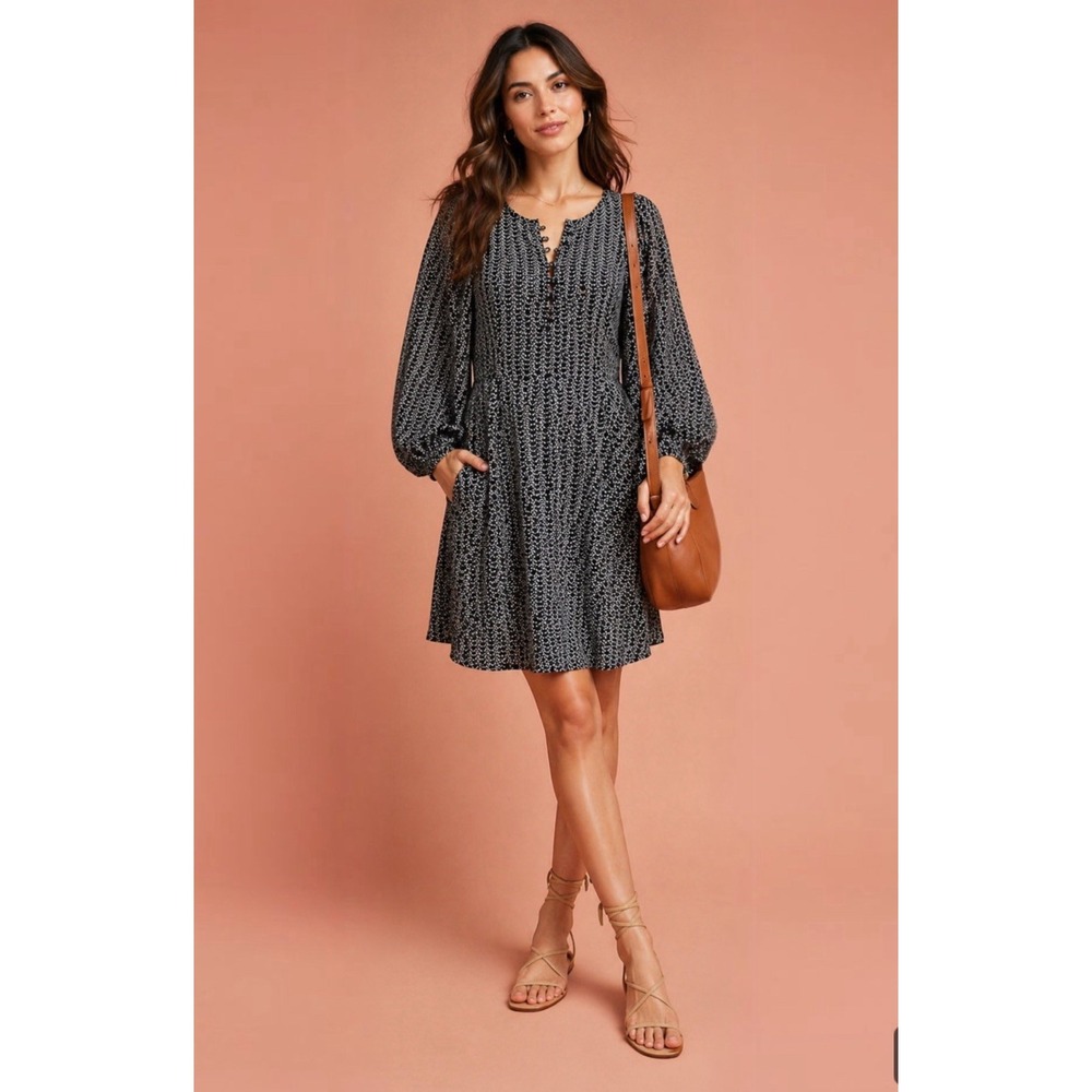 Anthropologie Maeve Nilaya Dress L Black Geometric Silk Linen Balloon Sleeve‎